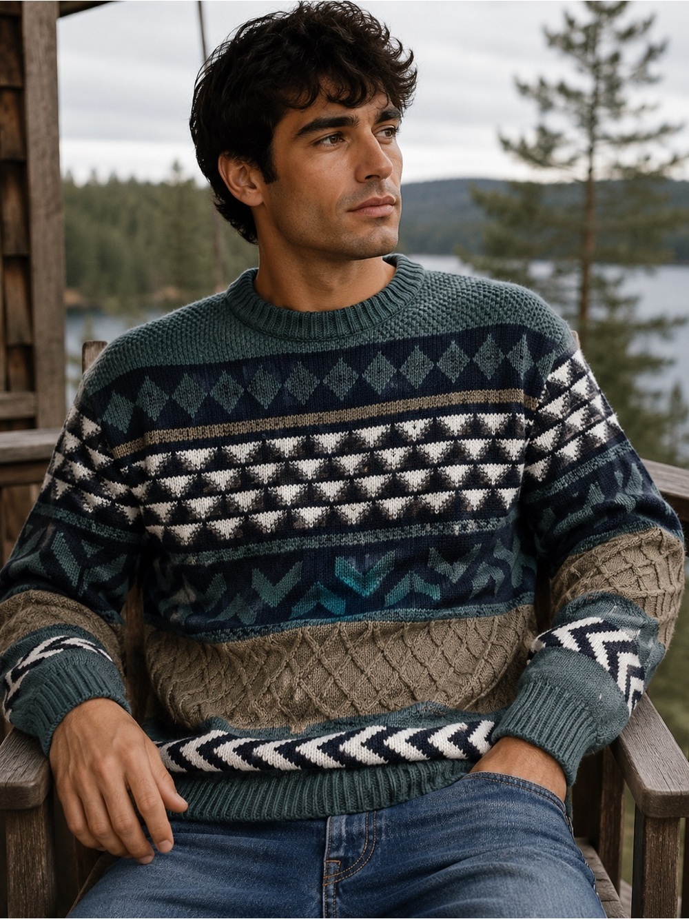 Vintage John Weitz Geometric Knit Crewneck Sweater Retro Abstract Pattern - XL